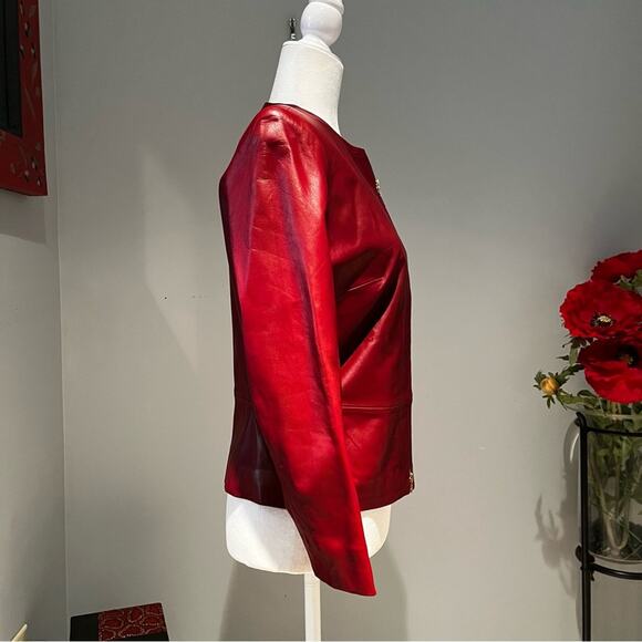 NEW Vakko VS2 Lamb Leather Classic Tailored Peplum Zip Collarless Jacket Red… - Picture 5 of 13